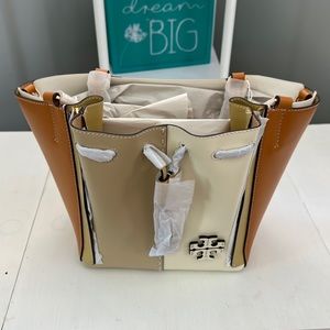 Tory Burch, NWT, McGraw Color-Block Drawstring Satchel. Squash Multi/823
